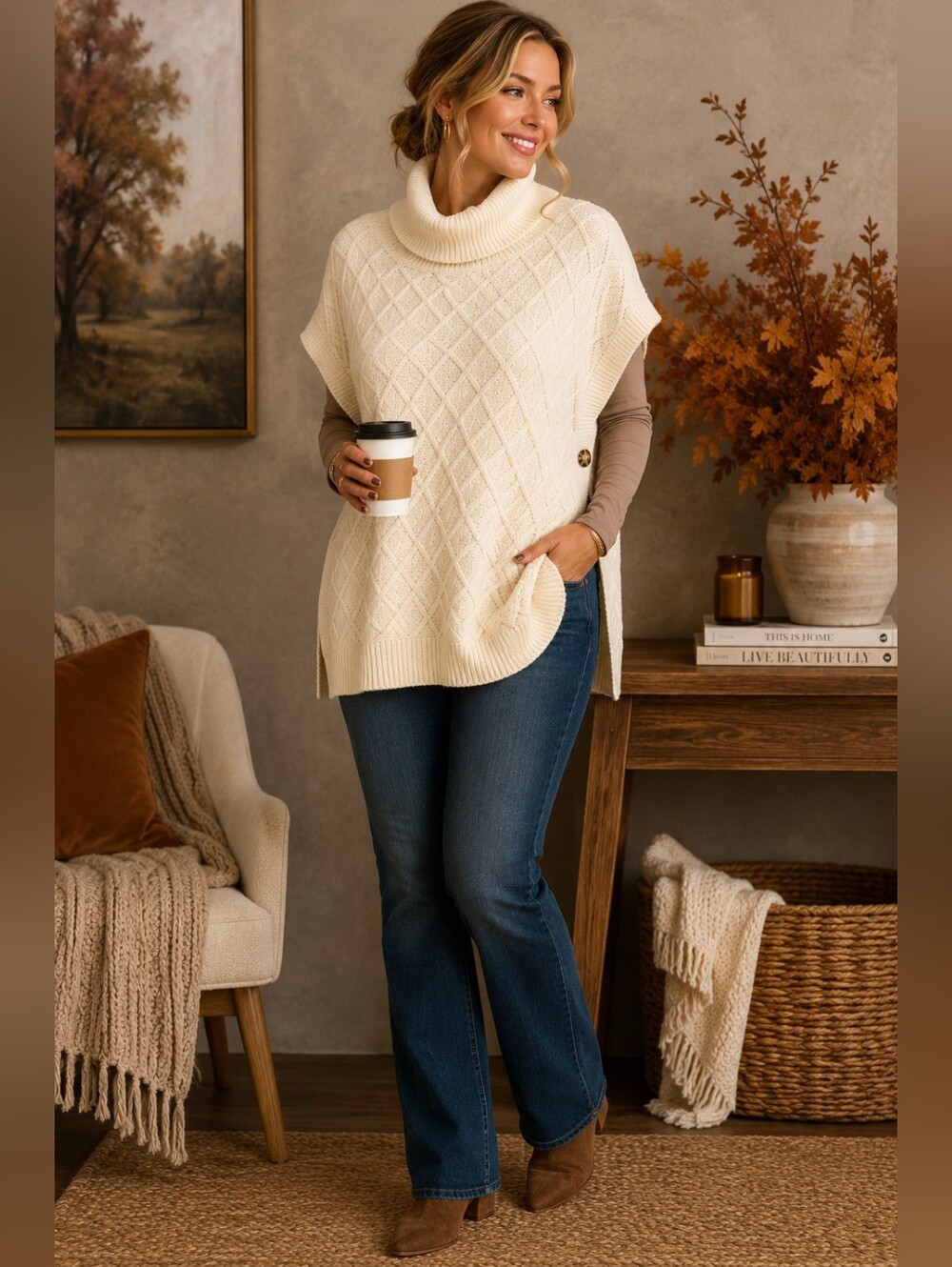 Tantrums Ivory Cable Knit Turtleneck Poncho Sweater One Size Side Buttons
